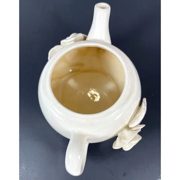 Stacked Ceramic Pottery Teapot Cup Set Paper Windows USA Floral Rose Cream VTG - Picture 11 of 16